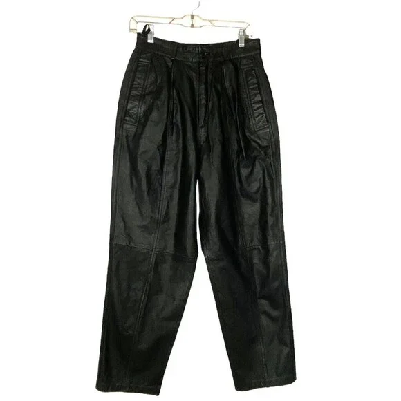 Vtg TOFFS Women Leather High Waist Pleated Pants Sz 12P Black Elegant 80s Luxe - Picture 2 of 9